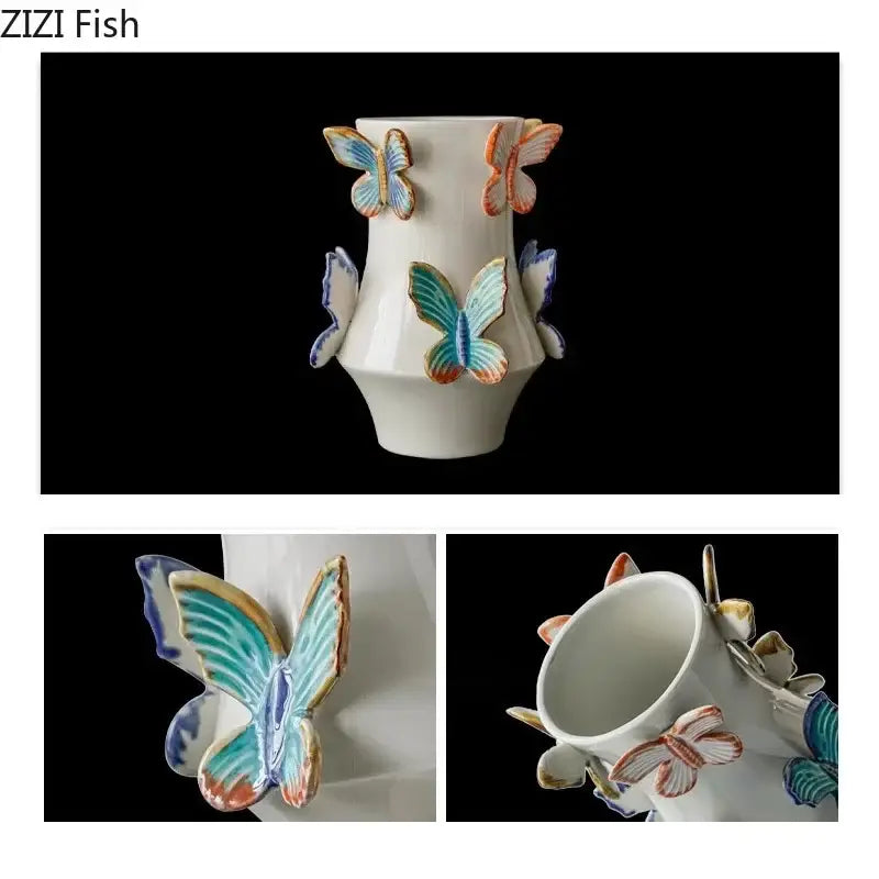 White butterfly ceramic vase decorated with colorful hand-painted blue teal and orange butterflies for living room decorbites butterfly ceramic