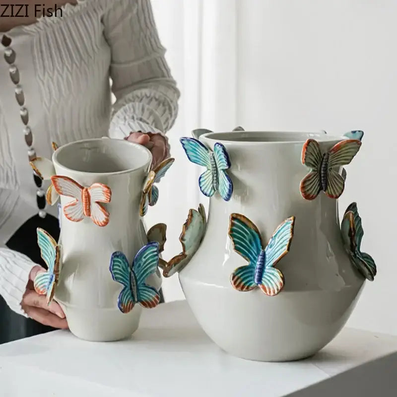 White butterfly ceramic vase decorated with blue and orange 3d butterflies for living room decorbites butterfly ceramic decor