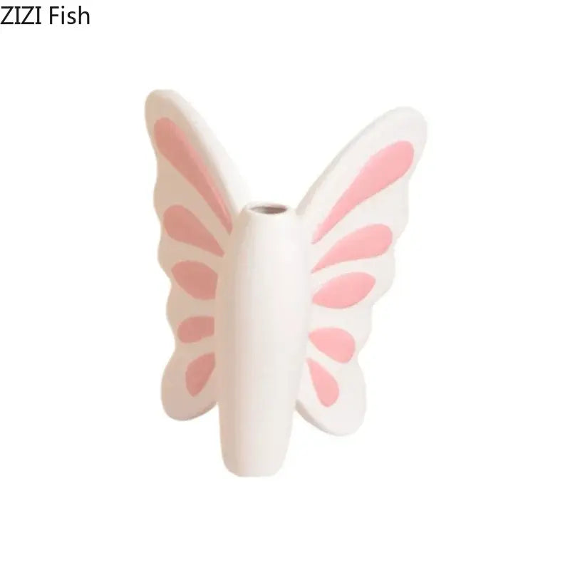 White butterfly ceramic vase with pink bow accents by zizi fish as decorbites butterfly ceramic living room decor