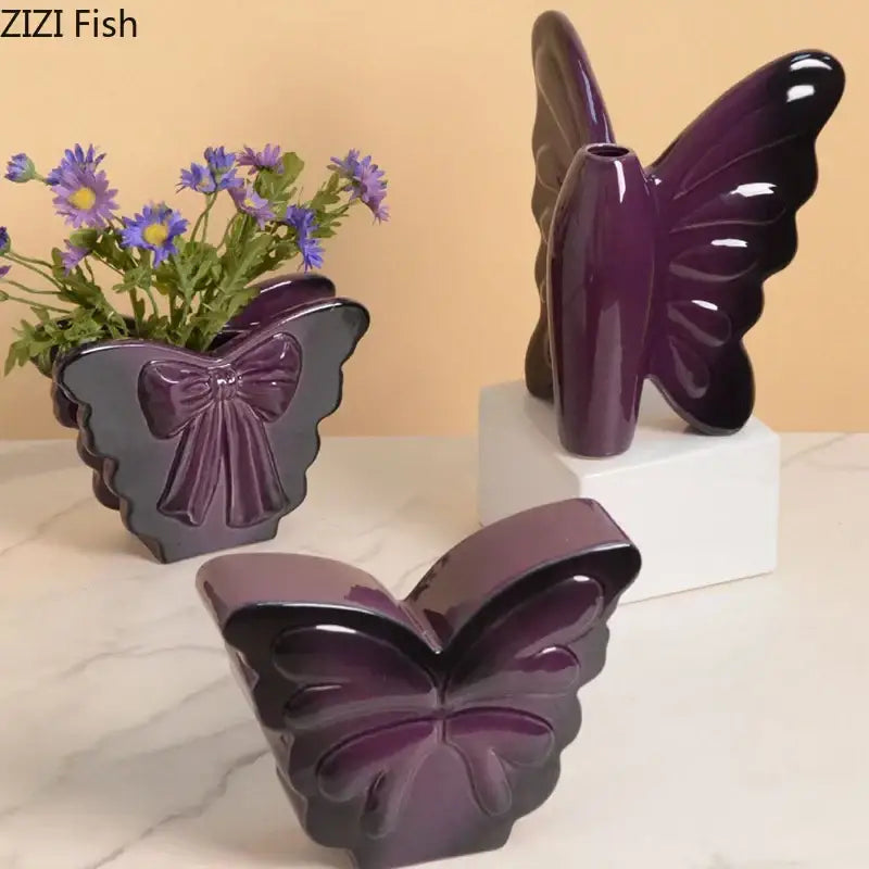 Purple decorbites butterfly ceramic vases with glossy finish and pink bow living room decor butterfly ceramic vase