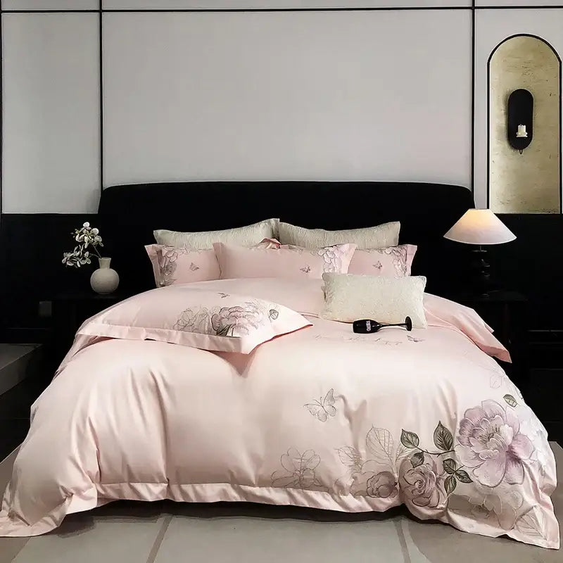 Pink satin egyptian cotton bedroom bedding set with delicate white butterfly flowers embroidery and butterfly flowers motifs