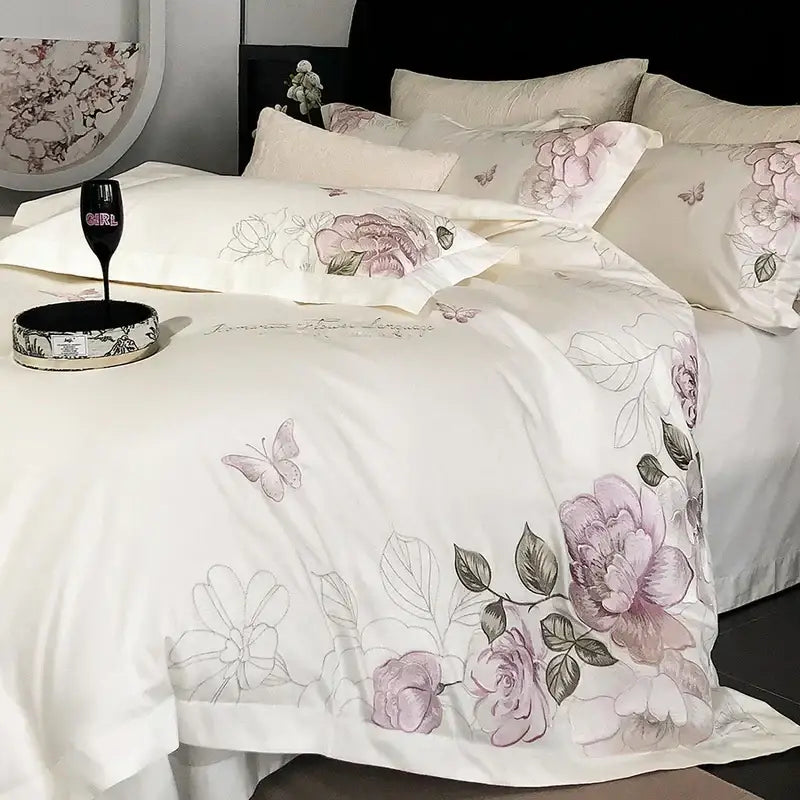 Cream-colored satin Egyptian cotton bedroom bedding set with delicate pink and gray butterfly flowers embroidery