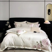 White satin egyptian cotton bedroom bedding set with delicate pink and gray butterfly flowers embroidery motifs