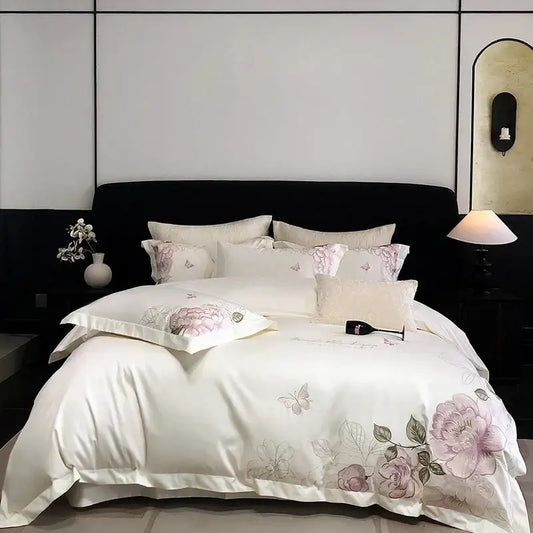 White satin egyptian cotton bedroom bedding set with delicate pink and gray butterfly flowers embroidery motifs