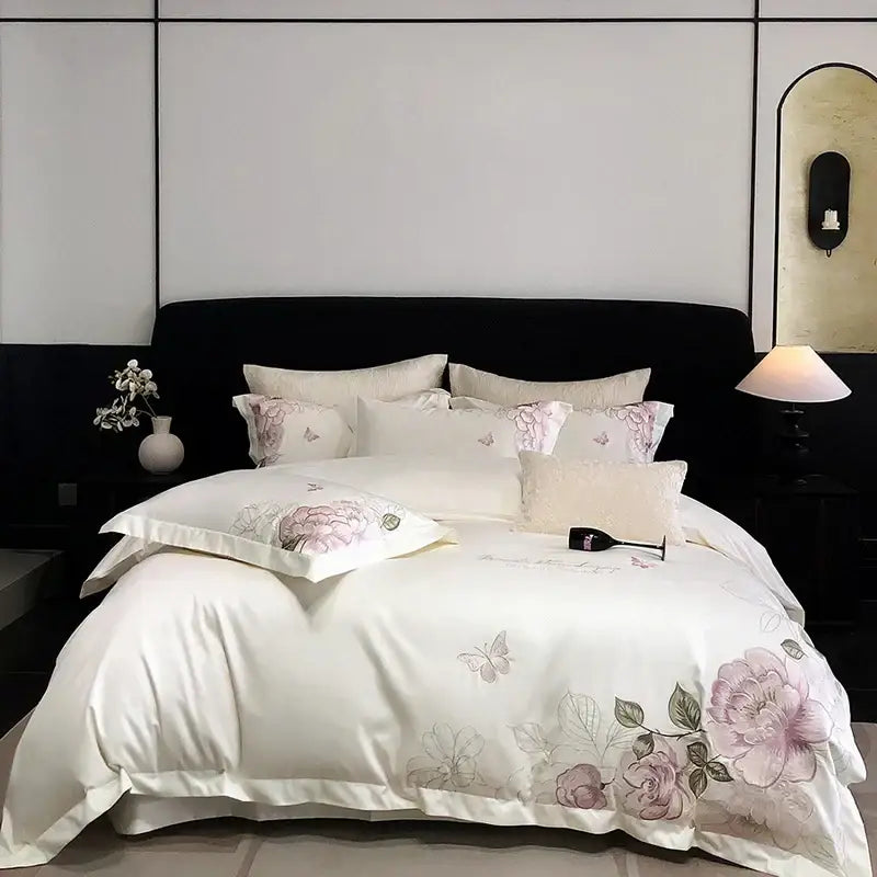 White satin egyptian cotton bedroom bedding set with delicate pink and gray butterfly flowers embroidery motifs