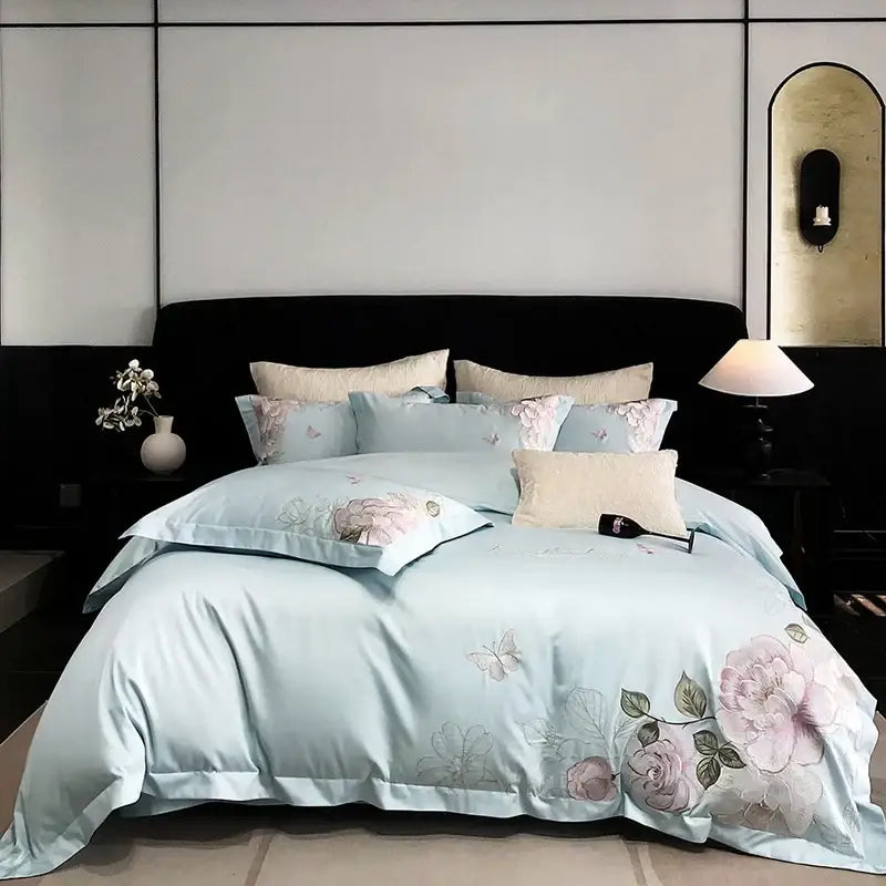 Light blue satin duvet cover set with delicate white butterfly flowers embroidery in egyptian cotton bedroom bedding set