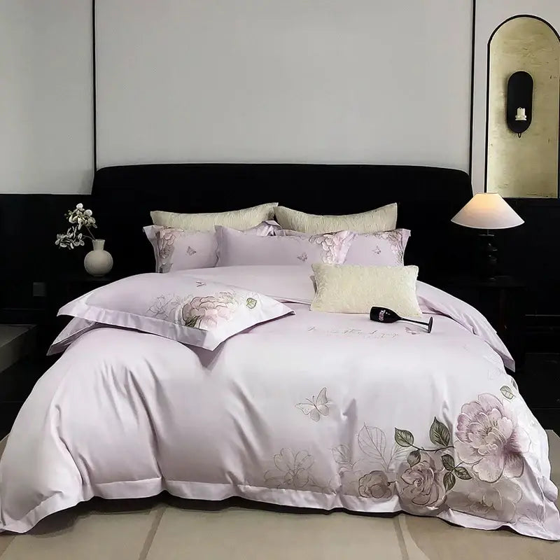 Lavender satin egyptian cotton bedroom bedding set with delicate white butterfly flowers embroidery design