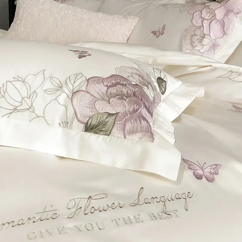 White satin Egyptian cotton pillowcase with intricate lavender and silver butterfly flowers embroidery for bedding set