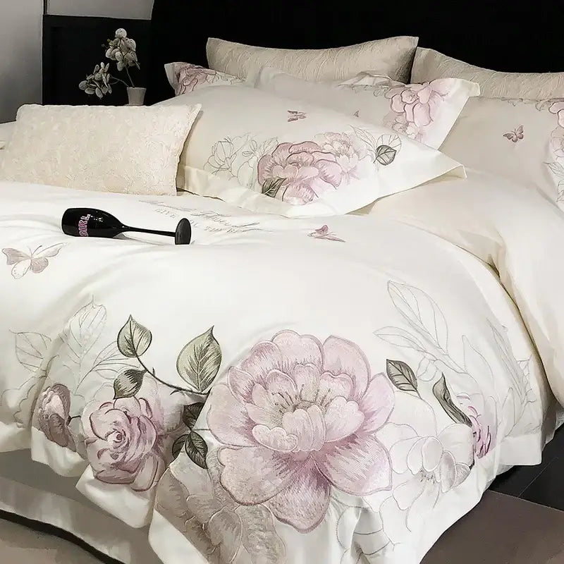 White egyptian cotton duvet cover with delicate pink and gray butterfly flowers embroidery featuring peonies and leaves