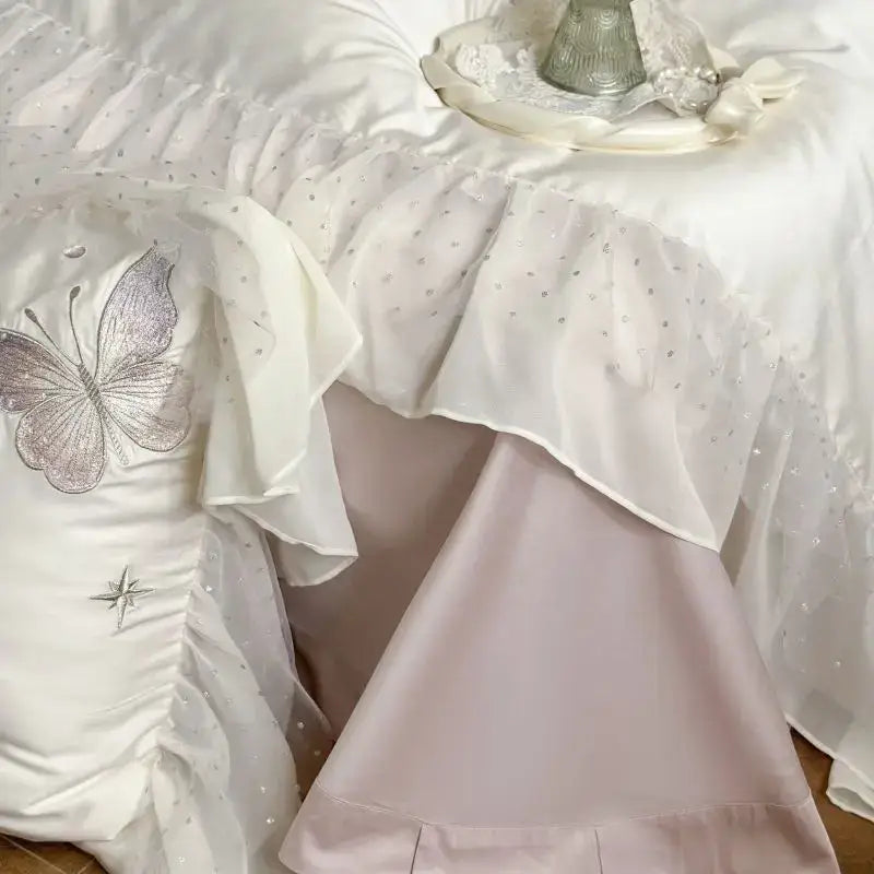 White butterfly lace ruffles bedding set with silver butterfly embroidery and glitter details for elegant decorbites decor