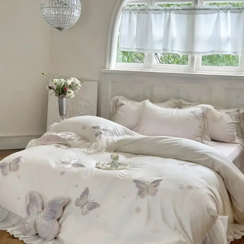 White butterfly lace ruffles bedding set with delicate gray embroidery and ruffled edges for elegant decorbites butterfly lace decor