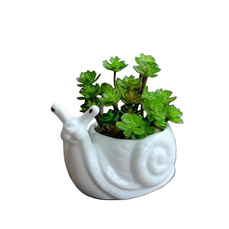 White cartoon snail flower vase ceramic garden succulent pot holding green succulents decorbites cartoon snail decor