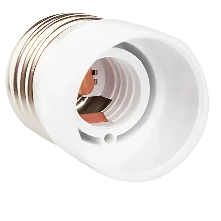 White plastic bulb socket converter with metallic threaded base and copper contacts for decorbites bulb socket adapter