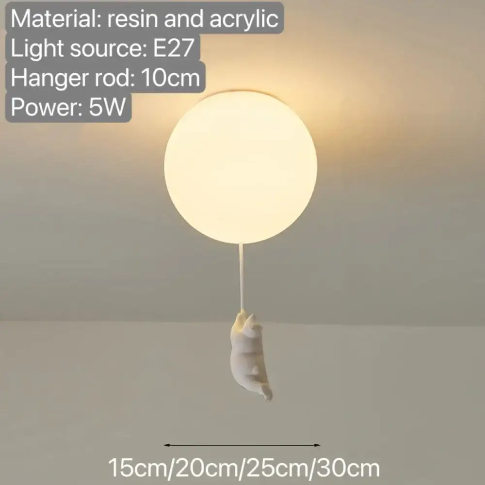 White ceramic balloon bear pendant light with minimalist white resin and acrylic ceiling light and 10cm hanger rod