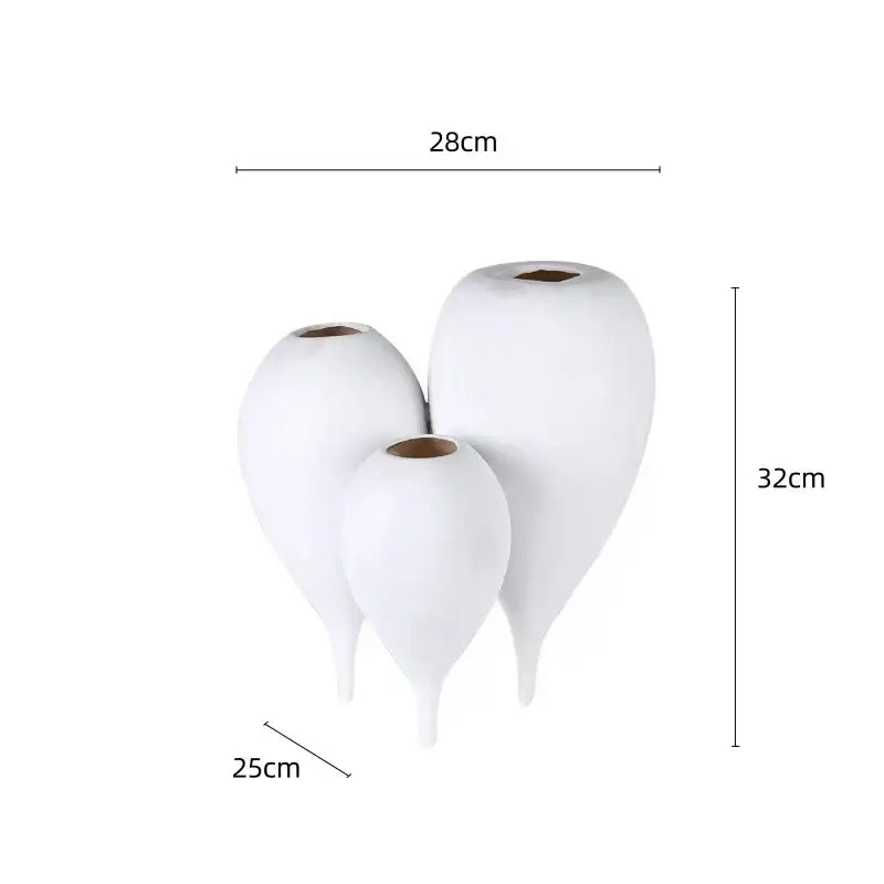 Set of three white ceramic balloon geometric vases with teardrop shapes and tapered bases for living room decor