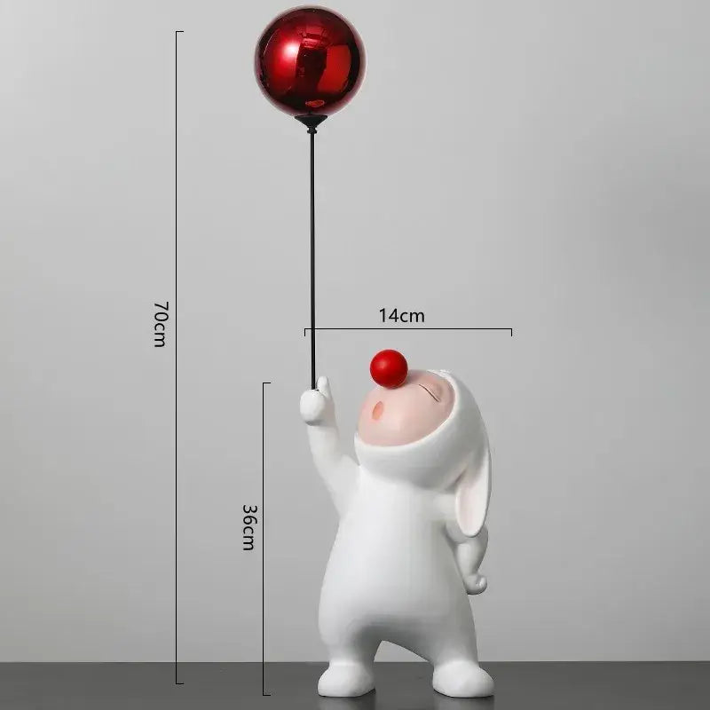 White ceramic balloon rabbit resin figurine holding a red metallic balloon for bedroom desk decor