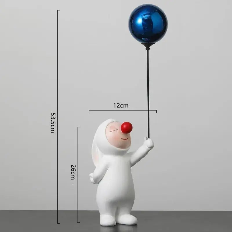 White ceramic balloon rabbit resin ornament with red nose holding blue balloon for bedroom desk decor