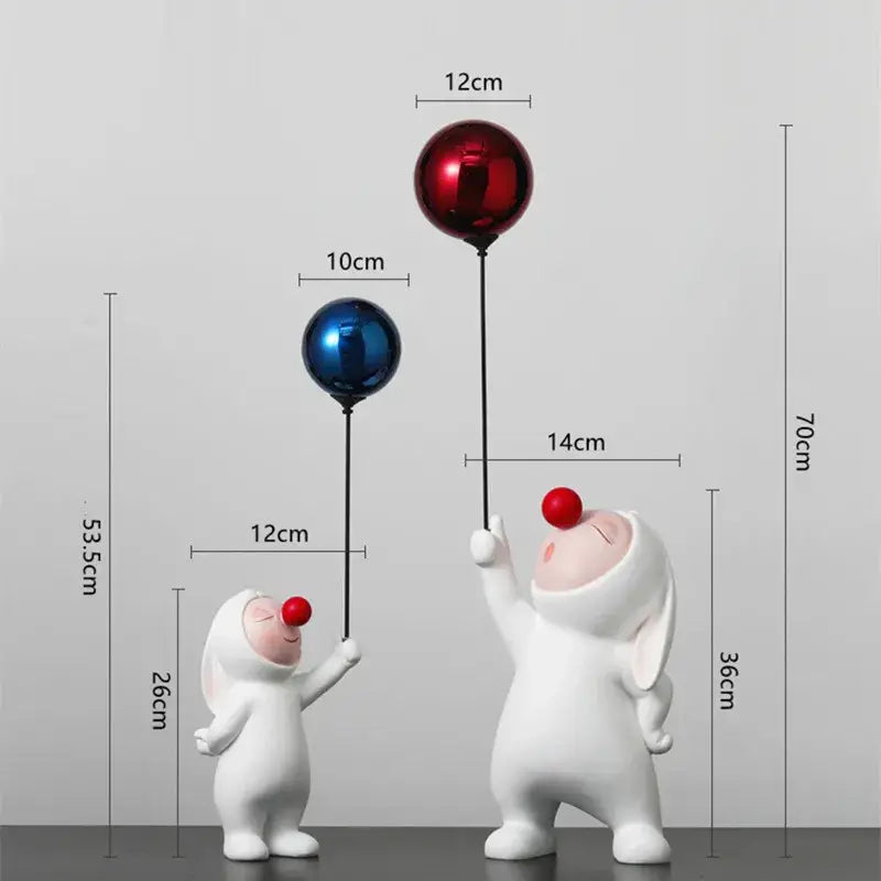 White ceramic balloon rabbit resin ornaments featuring clown figurines holding red and blue balloons for desk decor