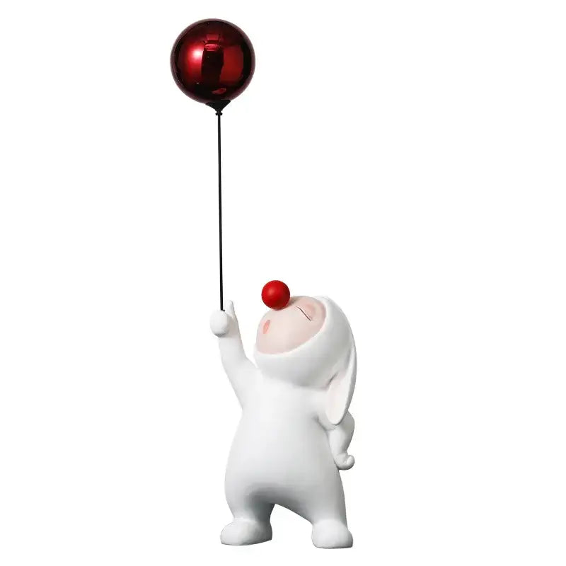 White ceramic balloon rabbit resin ornament holding a shiny red balloon for bedroom desk decor