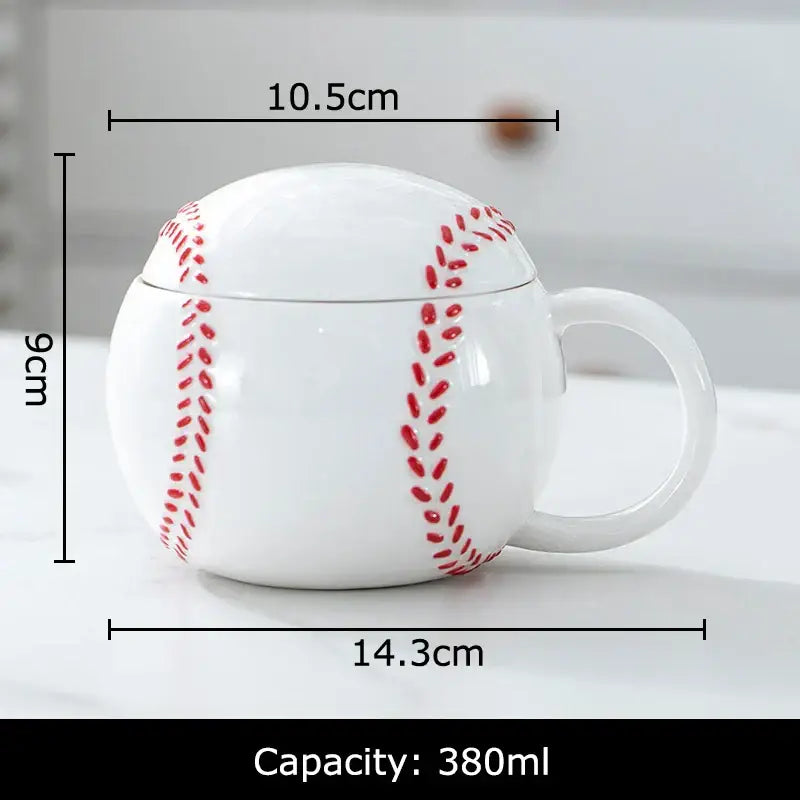White ceramic baseball shape ceramic mug with red stitching details and matching lid 380ml by decorbites baseball shape