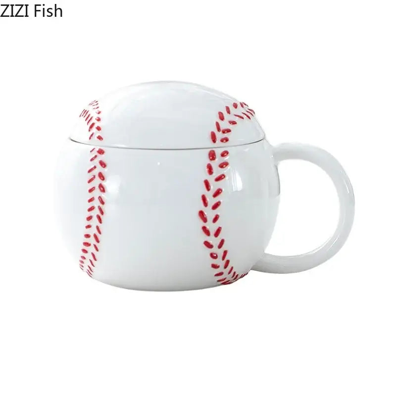 White ceramic baseball shape ceramic mug with red stitching details and matching lid by decorbites for kitchen use