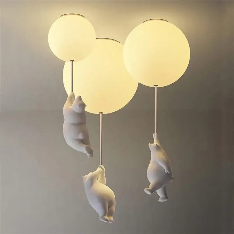 White ceramic bear cartoon pendant lamp with three frosted glass globes for kids bedroom ceiling lighting
