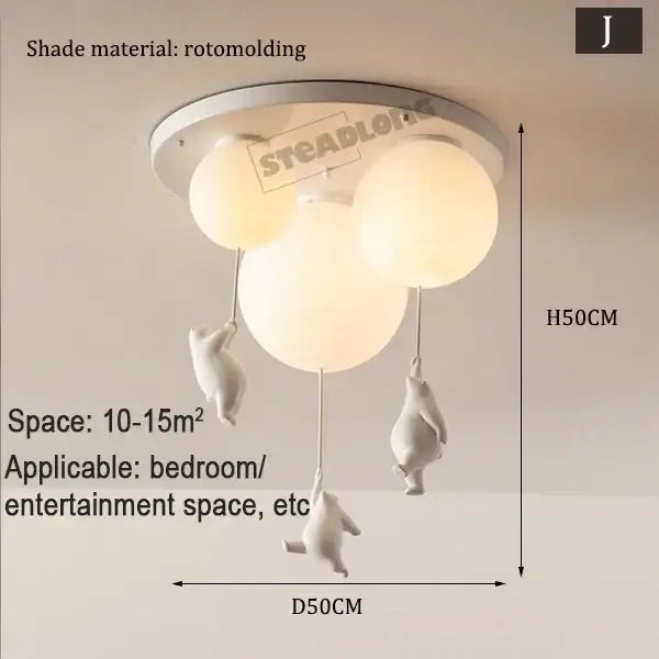 White rotomolded ceramic bear cartoon pendant lamp with three spherical shades and dangling bear figurines for kids bedroom
