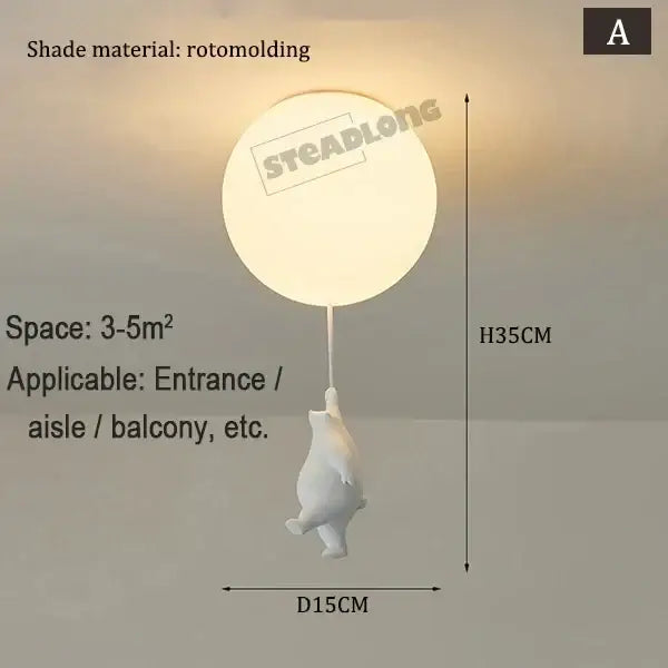 White rotomolded balloon-shaped pendant lamp with hanging ceramic bear cartoon figure for kids bedroom lighting