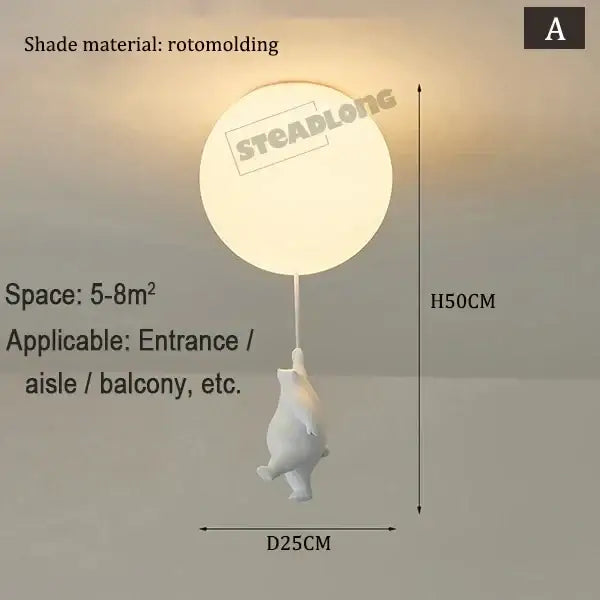 White rotomolded balloon-shaped pendant lamp with a white ceramic bear cartoon figure for kids bedroom lighting