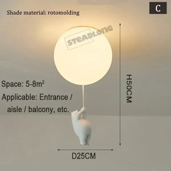 White rotomolded balloon-shaped pendant lamp with sculpted hand holding string for kids bedroom bear cartoon design