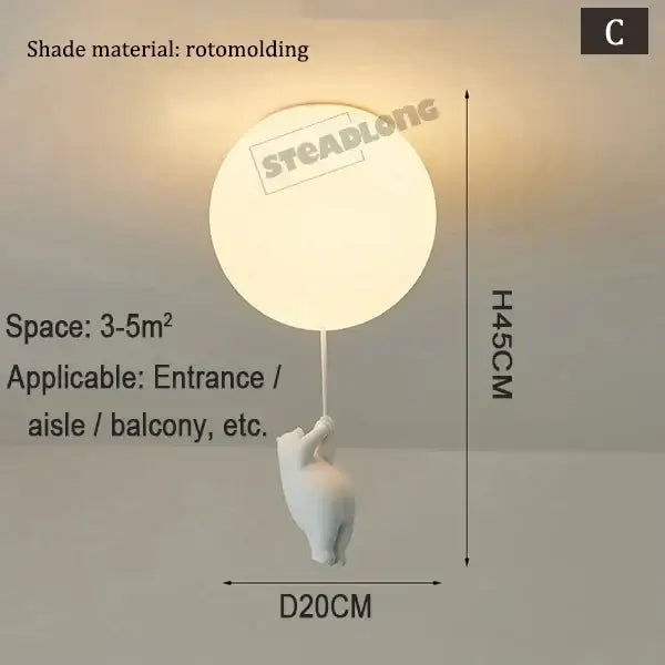 White ceramic bear cartoon pendant lamp featuring a white rotomolded balloon-shaped pendant light held by hand
