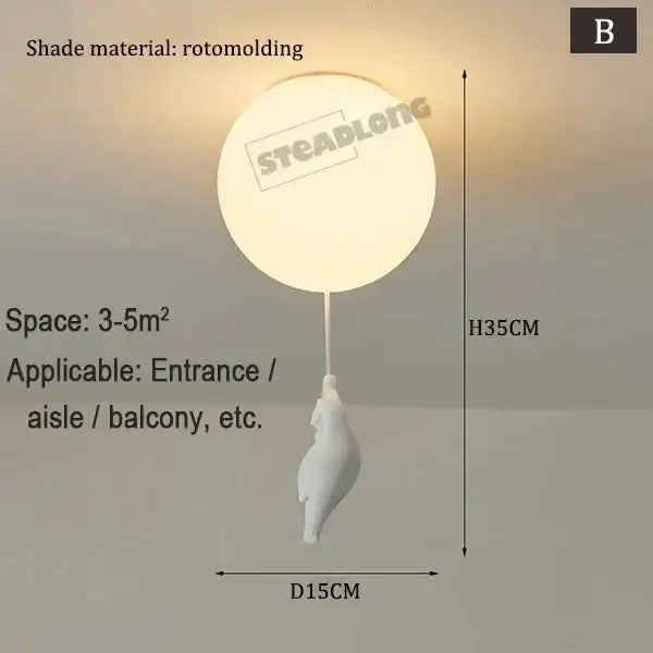 White rotomolded balloon-shaped pendant lamp with a dangling white ceramic bear cartoon for kids bedroom decor