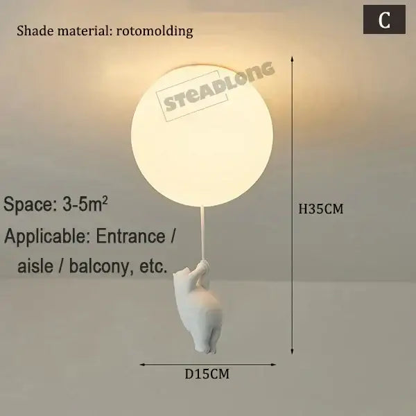 White rotomolded balloon-shaped pendant lamp with a white ceramic bear cartoon holding the string for kids bedroom