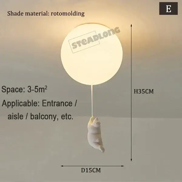 White ceramic bear cartoon pendant lamp in balloon shape with hanging cat figurine for kids bedroom lighting