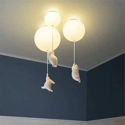 White ceramic bear cartoon pendant lamp with three spherical bulbs for kids bedroom ceiling lighting