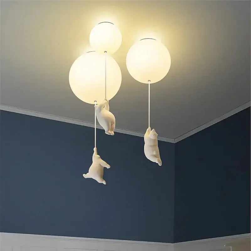 White ceramic bear cartoon pendant lamp with three spherical bulbs for kids bedroom ceiling lighting