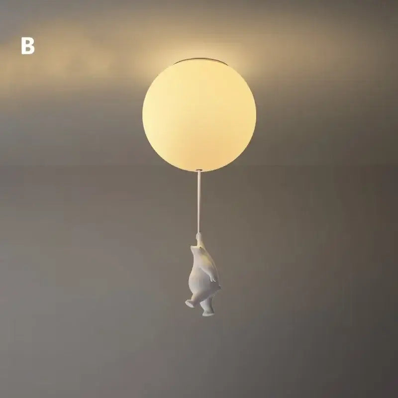 White ceramic bear led ceiling chandelier with glowing glass globe light fixture for bedroom illumination
