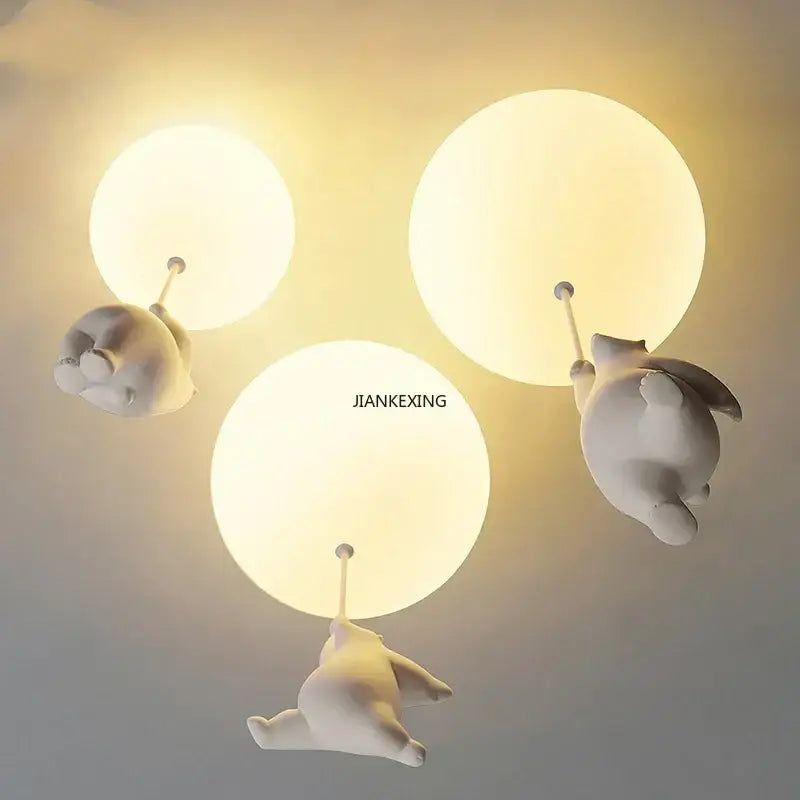White ceramic bear led ceiling chandelier with three glass globe lights for bedroom lighting use