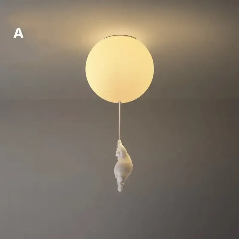 White ceramic bear led ceiling chandelier with spherical frosted glass shade for bedroom lighting
