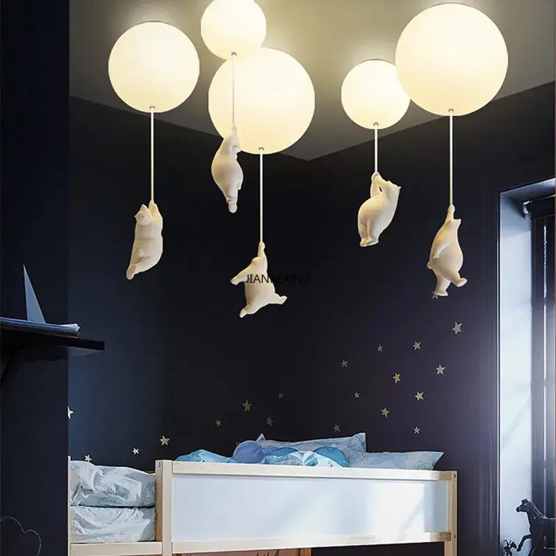 White ceramic bear led ceiling chandelier featuring frosted glass globes for bedroom lighting in a modern design