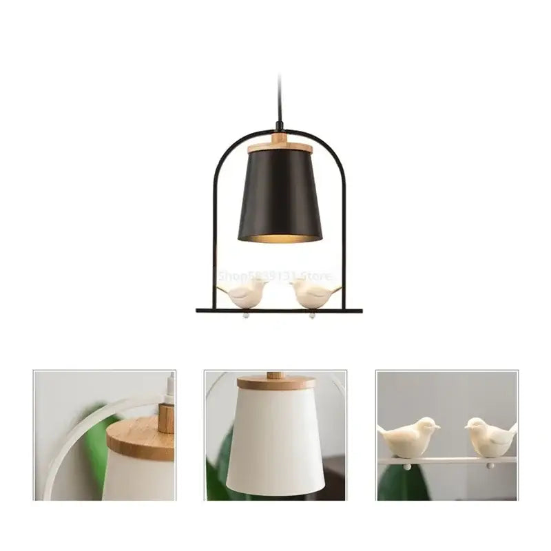 Black cylindrical pendant light with wooden top and base featuring two white ceramic birds decorbites bird led design