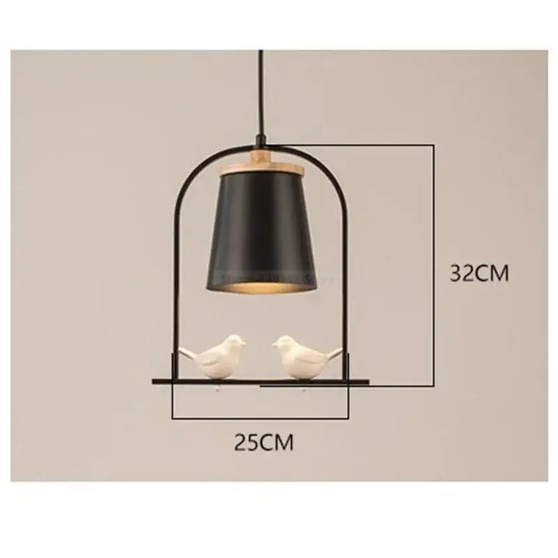 Black metal pendant light with matte finish, two white ceramic birds, and wooden accent for dining room decorbites bird led