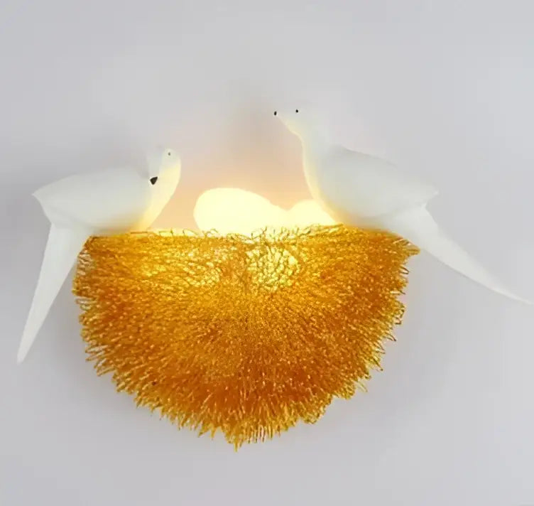 White ceramic bird nest led wall lamp with glowing golden nest and two white birds for bedroom decorbites bird nest decor