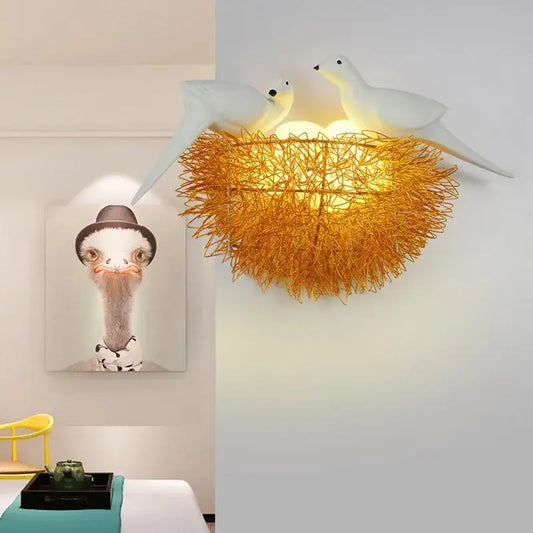 White ceramic bird wall lamp with woven golden nest design decorbites bird nest led bedroom decor