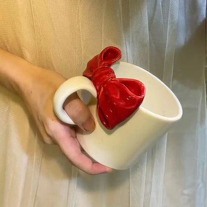 White ceramic bow knot mug with a glossy red decorbites bow knot for dining room porcelain cup use