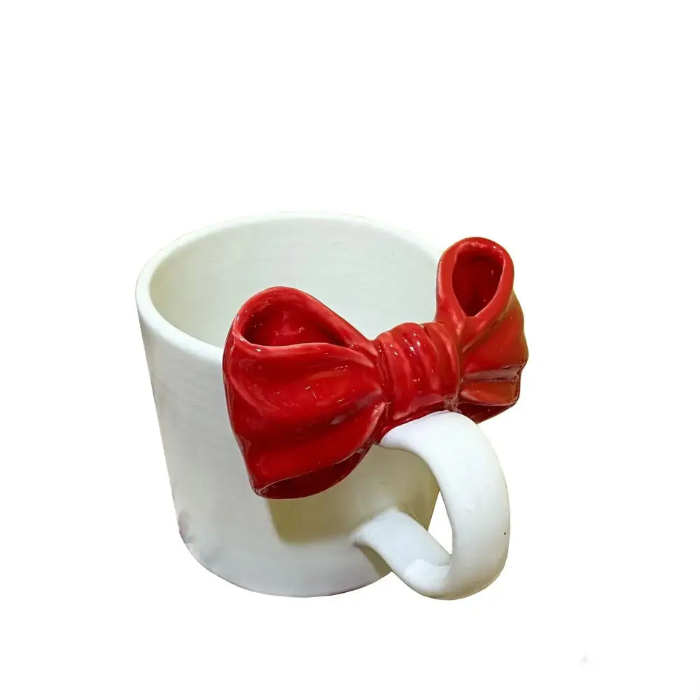 White ceramic bow knot mug with a glossy red bow knot ceramic design ideal for dining room porcelain cup decorbites bow knot
