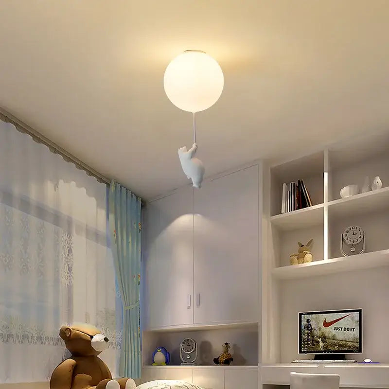 White ceramic cat pendant ceiling light with white balloon shape and decorbites cartoon bear figure for kids bedroom decor