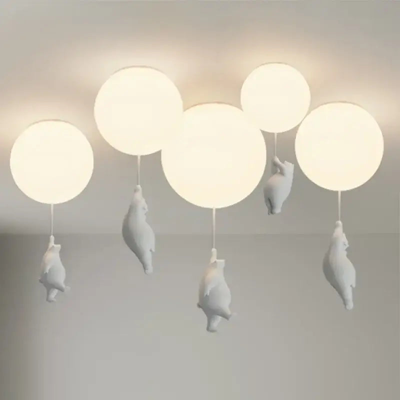 White ceramic bear-shaped ceiling light with spherical balloon elements for kids bedroom decorbites cartoon bear design