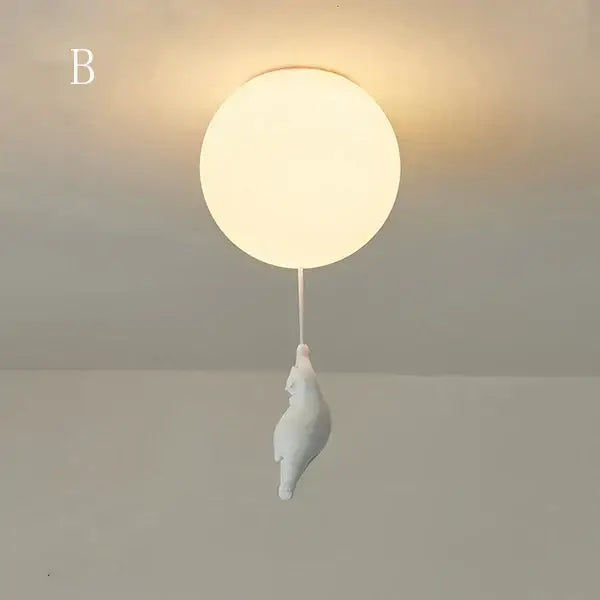 White ceramic cat pendant ceiling light with spherical globe for kids bedroom featuring decorbites cartoon bear