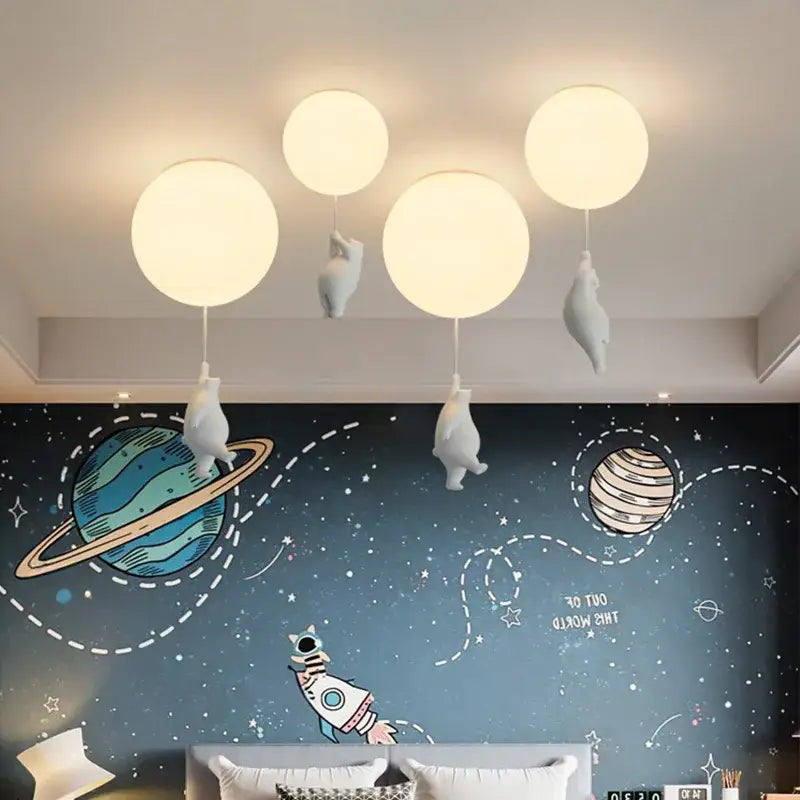 White ceramic cat pendant ceiling light with spherical glowing bulbs for kids bedroom decorbites cartoon bear style